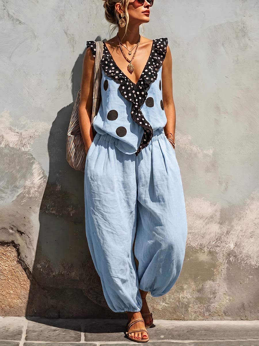 Women's Polka Dot Print V-neck Sleeveless Loose-fit Cotton-linen Top & Elastic-waist Wide-leg Pants Set