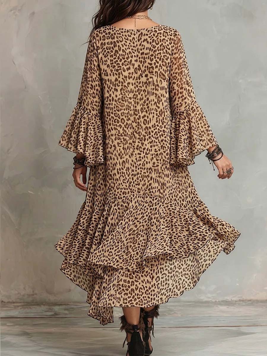 Women's Leopard Print V-neck Long-sleeve Casual Loose Chiffon A-line Dress
