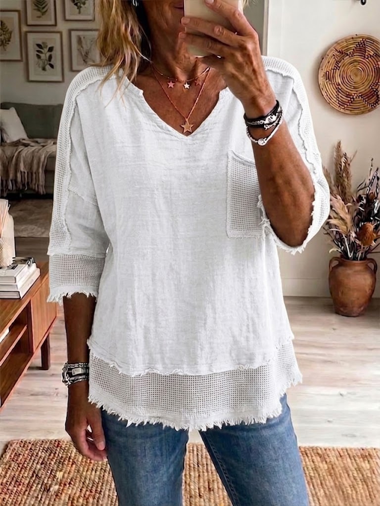 Casual Color-block Plaid Linen-blend Top
