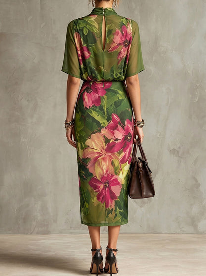 Women's Retro Abstract Print Cowl Neck Short-sleeve Loose Chiffon Top & High-waisted Pencil Skirt Set