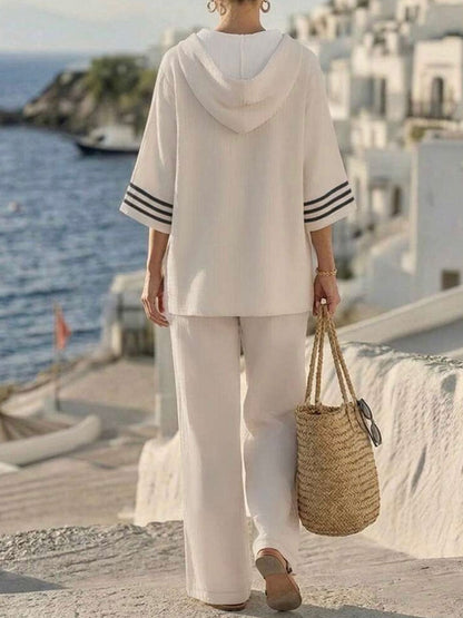 Women's Casual Loose Hooded Top V-neck 3/4 Sleeves & High-waisted Loose Cotton-linen Wide-leg Pants Set