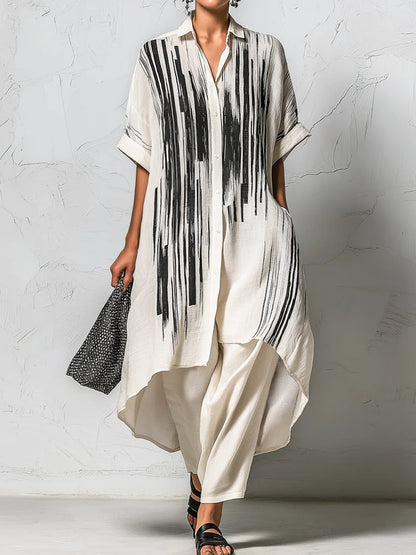 Loose-fit Casual Two-piece Set: Artistic Print Linen & Cotton Long Shirt And Trousers
