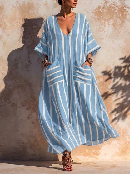 Casual Loose-fit Striped Linen And Cotton Dress