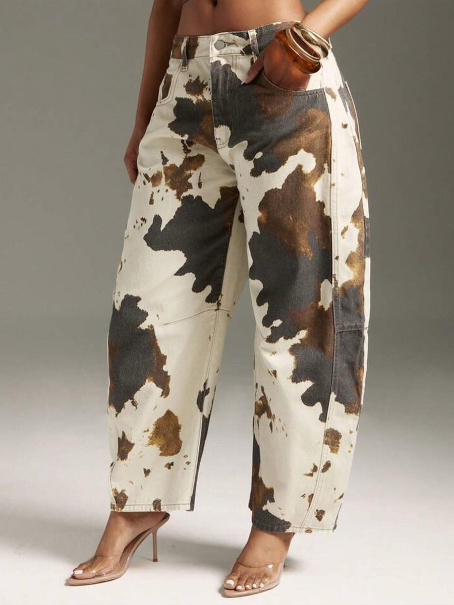 Casual Cow-print Cotton Jeans