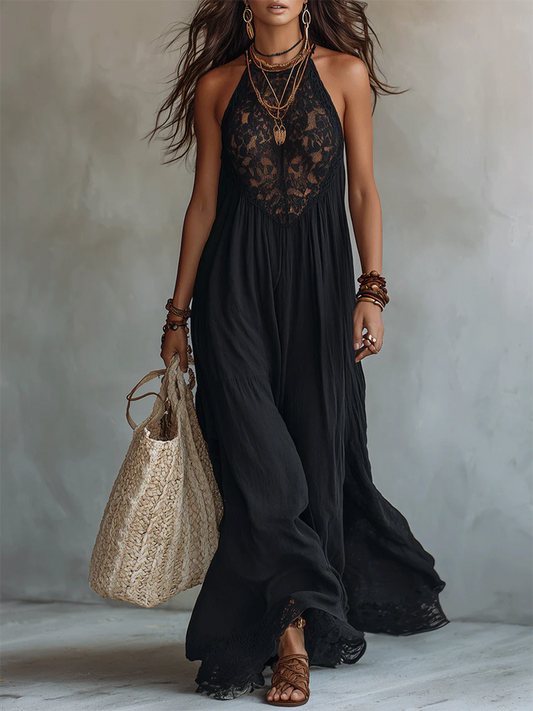 Boho-style Sexy Lace-paneled Halter Dress