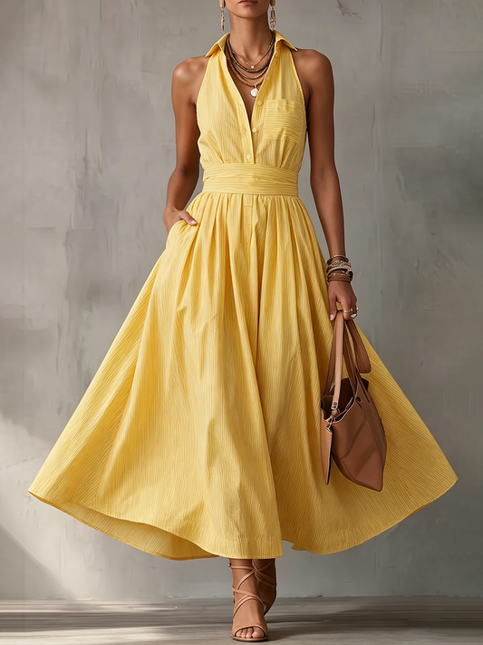 Sun-drenched Yellow Striped Maxi Dress - Cruise-ready Halter Neck Sundress