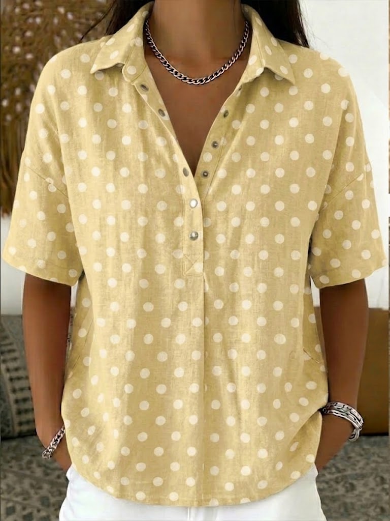 Casual Polka Dots Polo Collar Short-sleeved Linen And Cotton Shirt