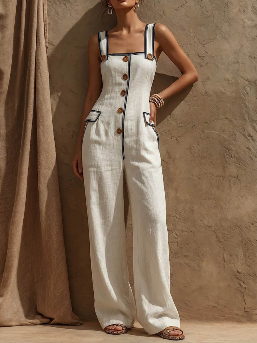 Women's Sleeveless Casual Slim-fit Cotton-linen Wide-leg Jumpsuit With Straps