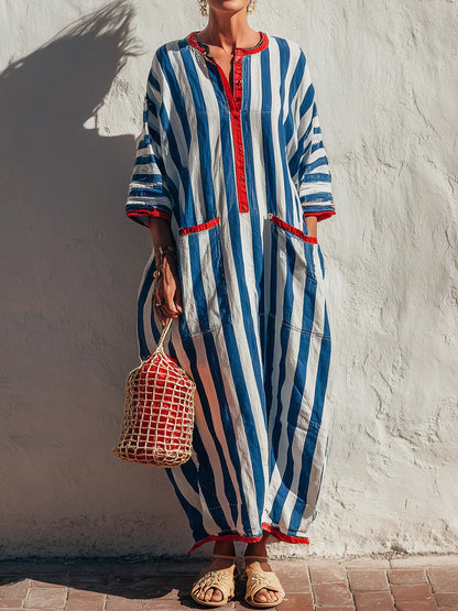 Casual Red-trimmed Striped Linen And Cotton Dress