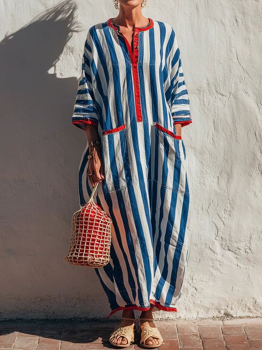 Casual Red-trimmed Striped Linen And Cotton Dress