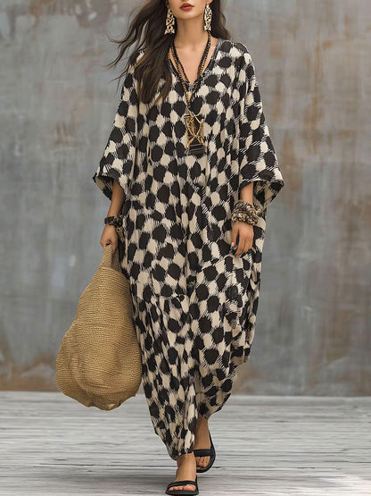 Women's Plaid Color Block Art Print Casual Cotton Linen Maxi Dress