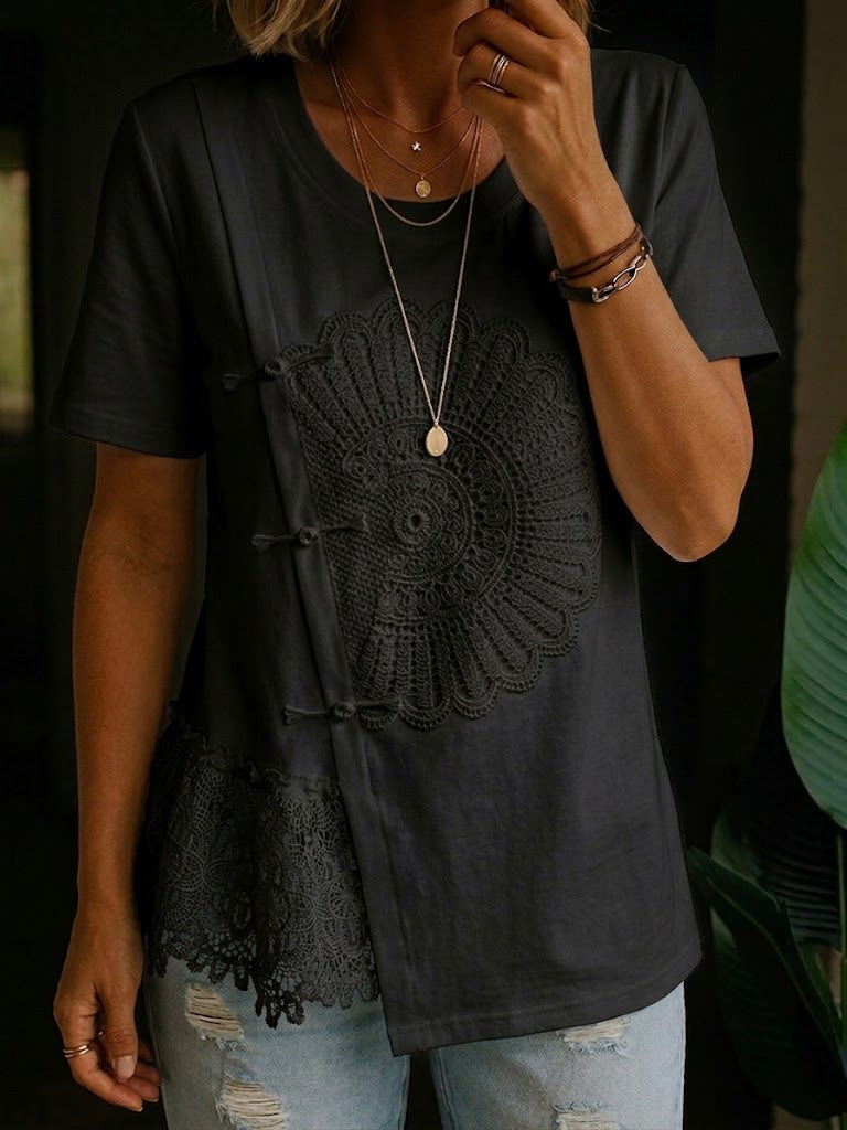 Stylish Casual Spliced lace Cotton T-shirt