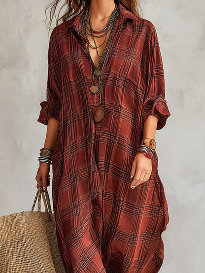 Women's Plaid Pattern Art Stylish Cotton Linen Maxi Dress