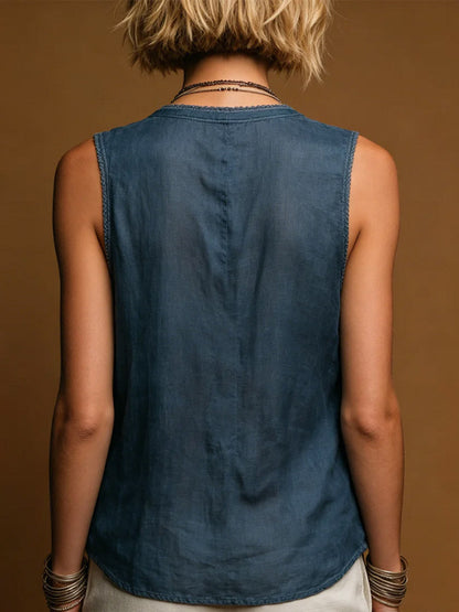 Women's V-neck Sleeveless Casual Loose Cotton-linen Top
