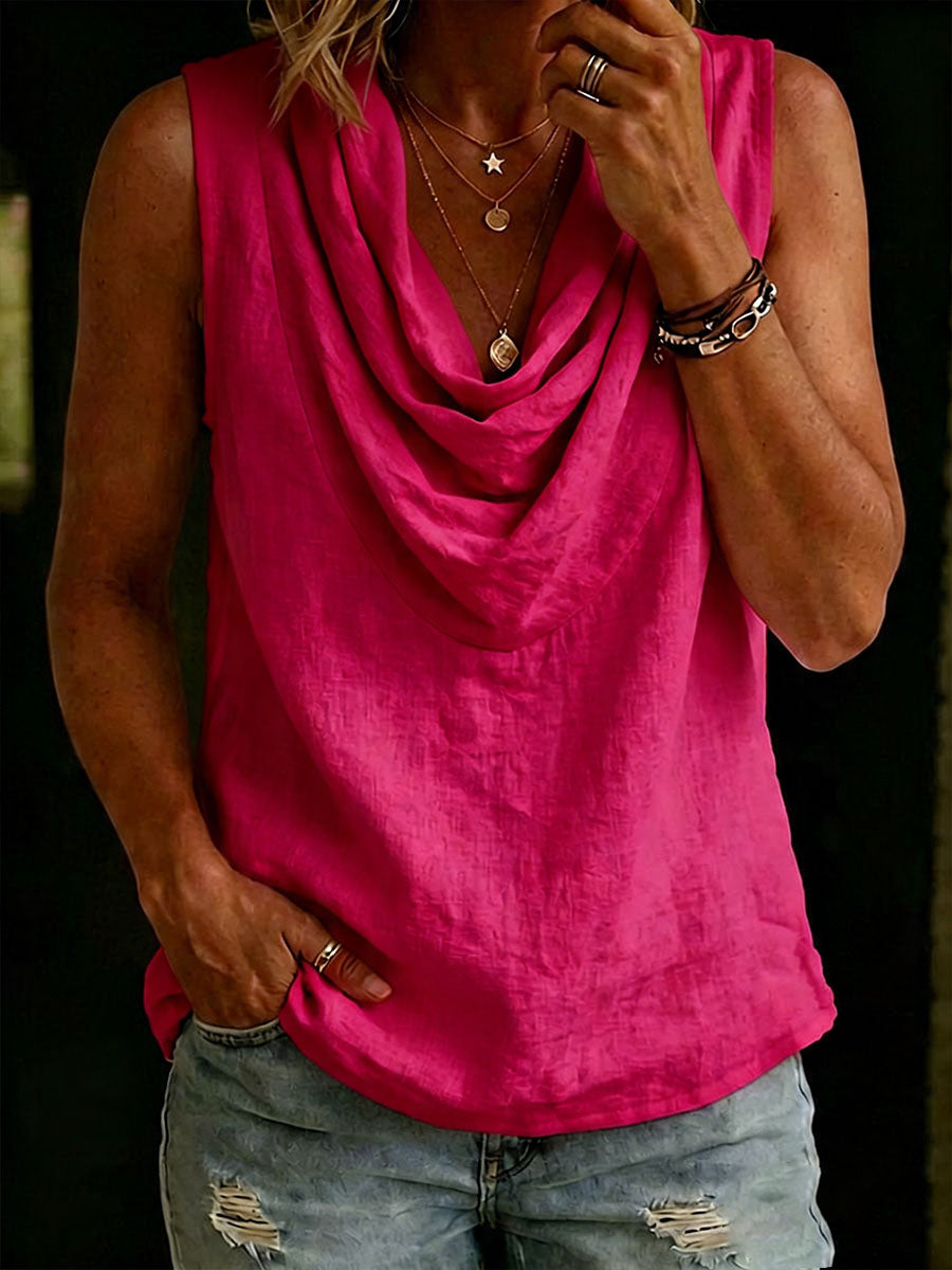 Women's Solid-color Sleeveless Cotton-linen Top With Swing Neckline