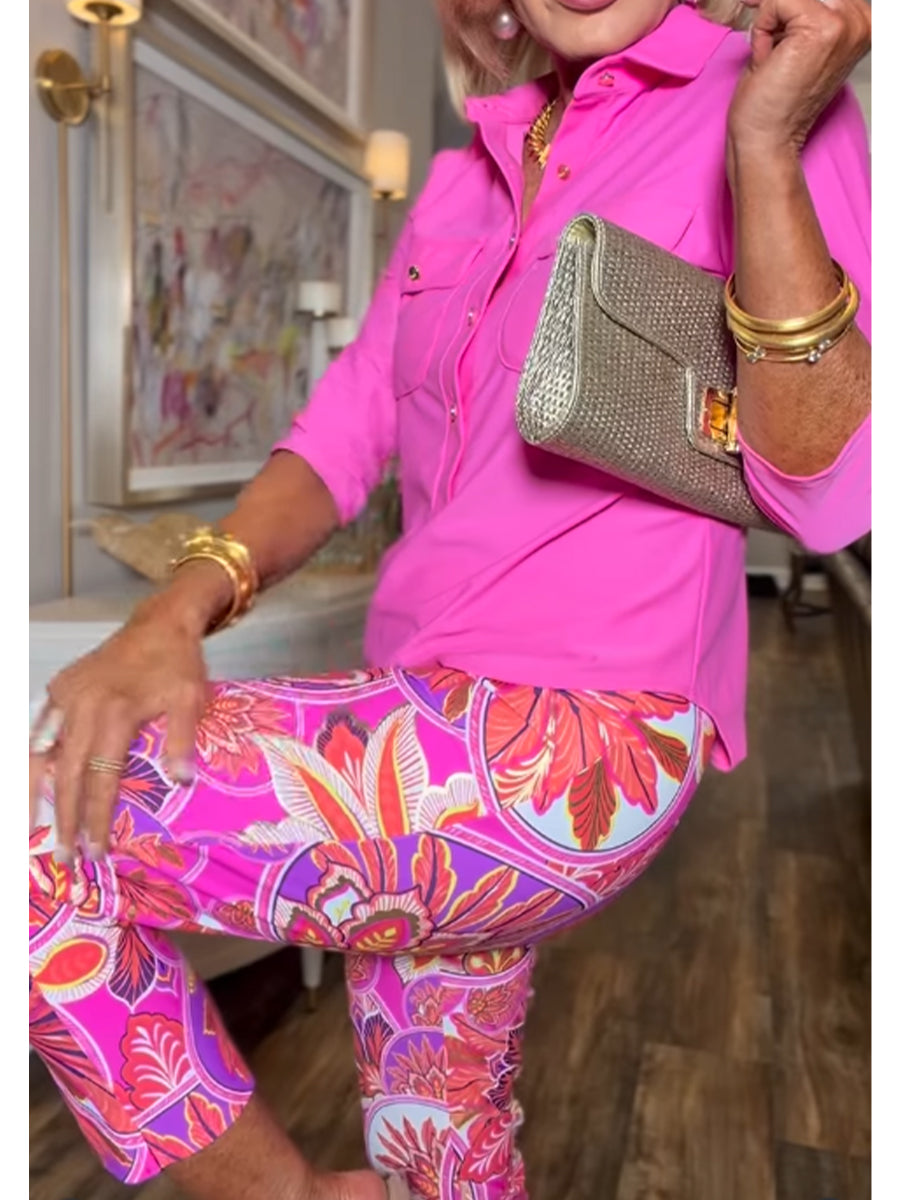 Casual & Stylish Solid-color Cotton Shirt And Artistic Print Trousers Two-piece Set