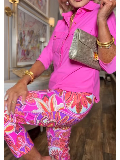 Casual & Stylish Solid-color Cotton Shirt And Artistic Print Trousers Two-piece Set
