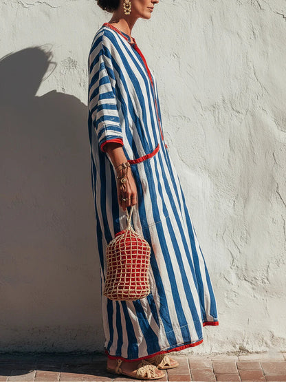 Casual Red-trimmed Striped Linen And Cotton Dress