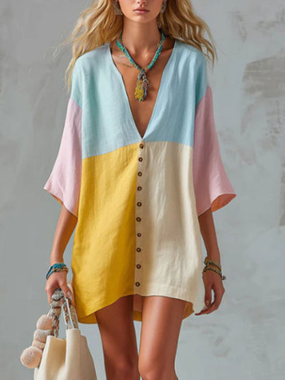 Women's Casual Loose-fit Color-block Cotton-linen Short-sleeve Mini Dress
