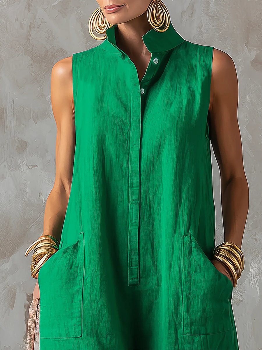 Minimalist & Elegant Stand-collar Sleeveless Cotton-linen Wide-leg Jumpsuit