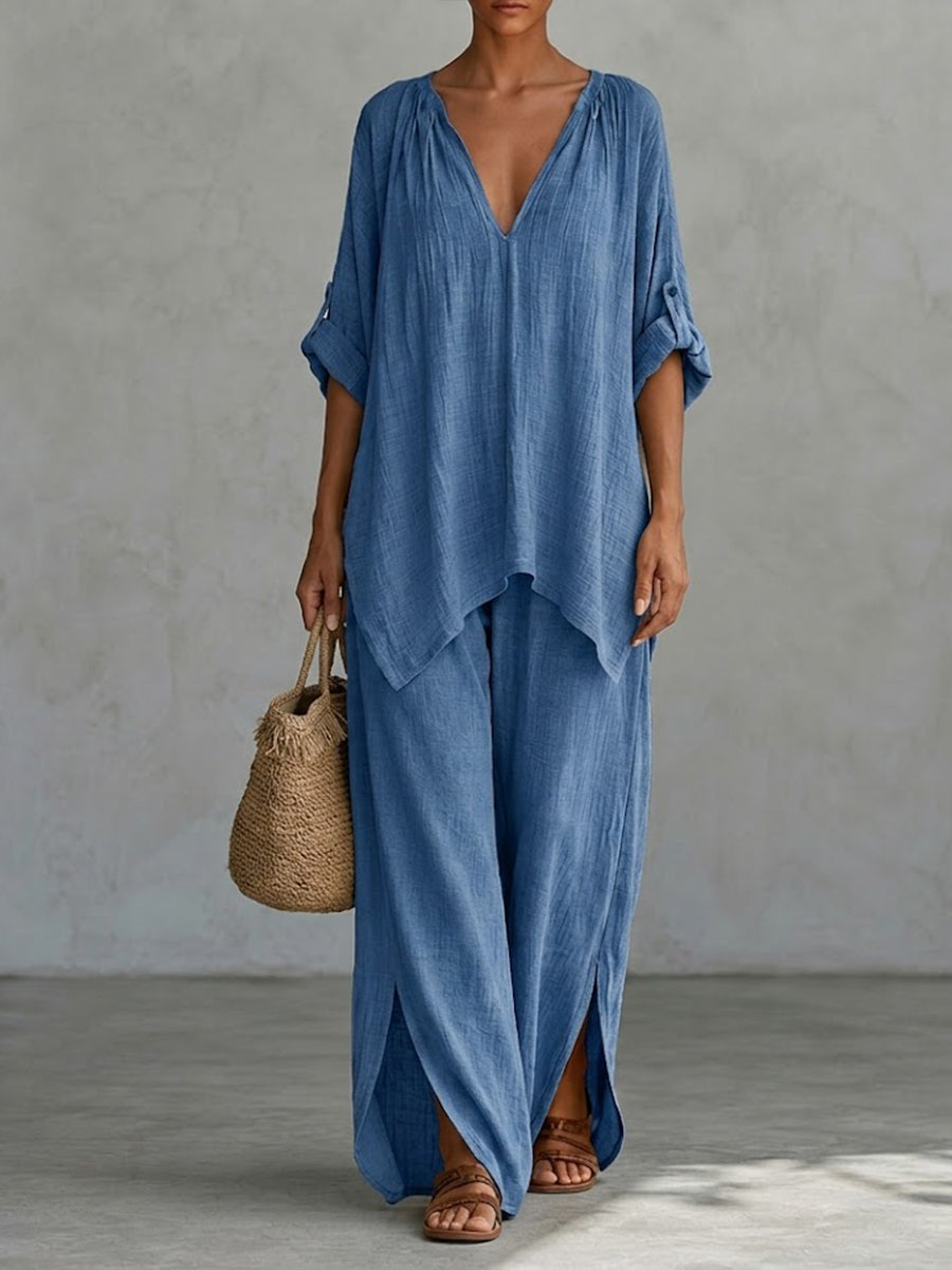 Cozy And Casual Linen-cotton Two-piece Set (top And Trousers)