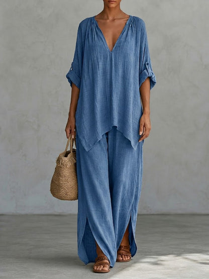 Cozy And Casual Linen-cotton Two-piece Set (top And Trousers)