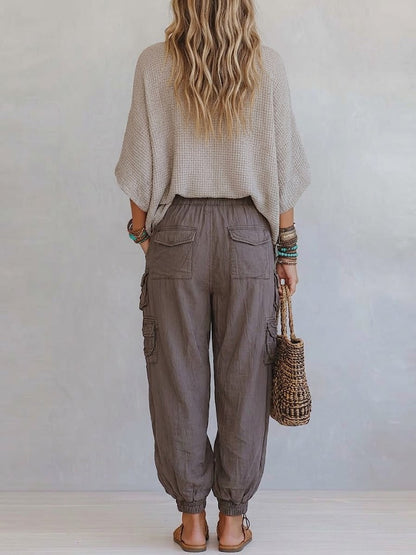 Casual & Cozy Two-piece Set: Waffle-knit Cotton Top And Cotton Cargo Pants