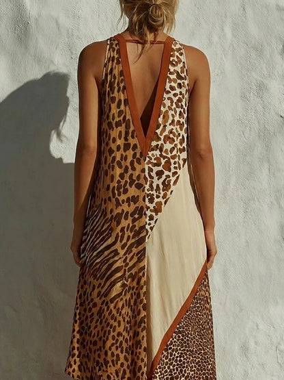 Stylish Spliced leopard-print Chiffon Maxi Dress