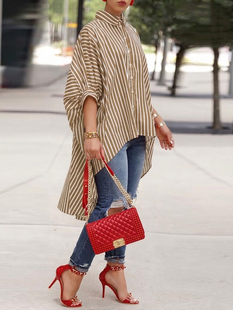 Loose-fit Casual Striped Shirt With High-low Hem