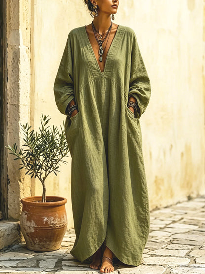 Women's Solid Color Art Casual Long Sleeve Cotton Linen Dress