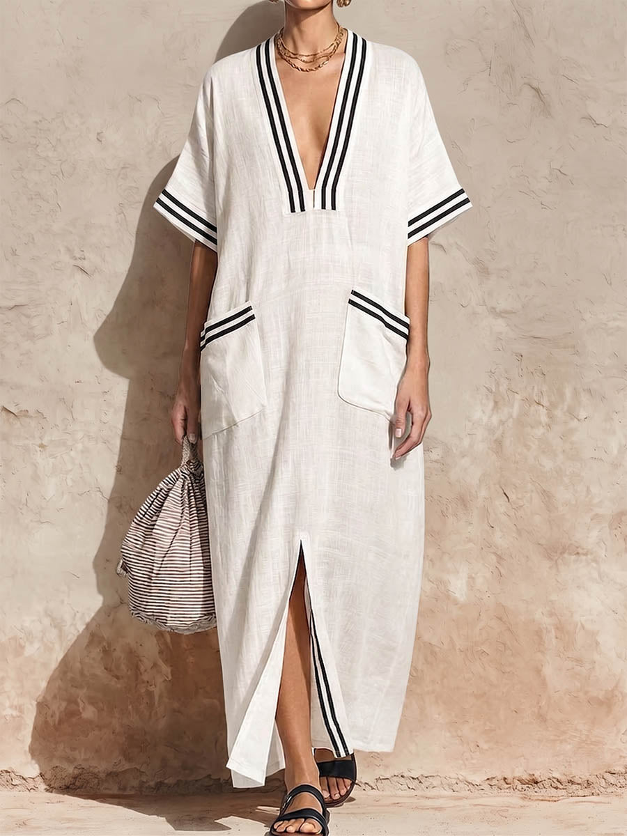 Women's Casual Loose Cotton-linen V-neck Short-sleeve Dress