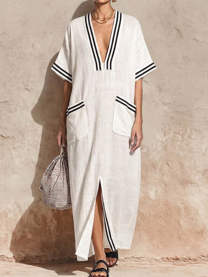 Women's Casual Loose Cotton-linen V-neck Short-sleeve Dress