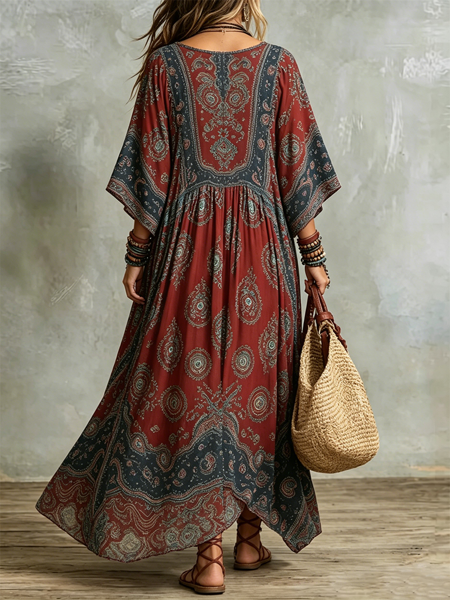 Retro Paisley Print Batwing Sleeve V-neck Kaftan Maxi Dress