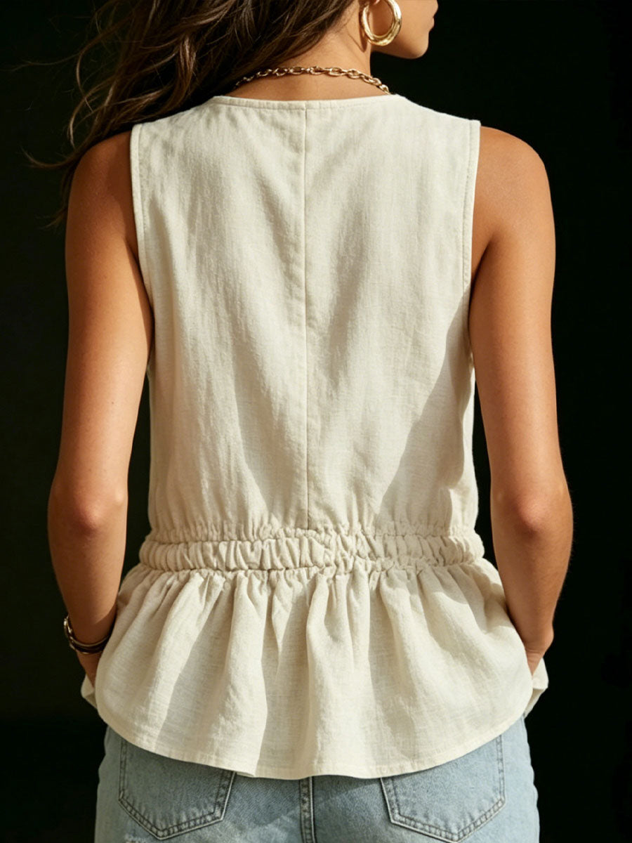 Women's Vintage Ruffled Sleeveless Cotton-Linen Tank Top