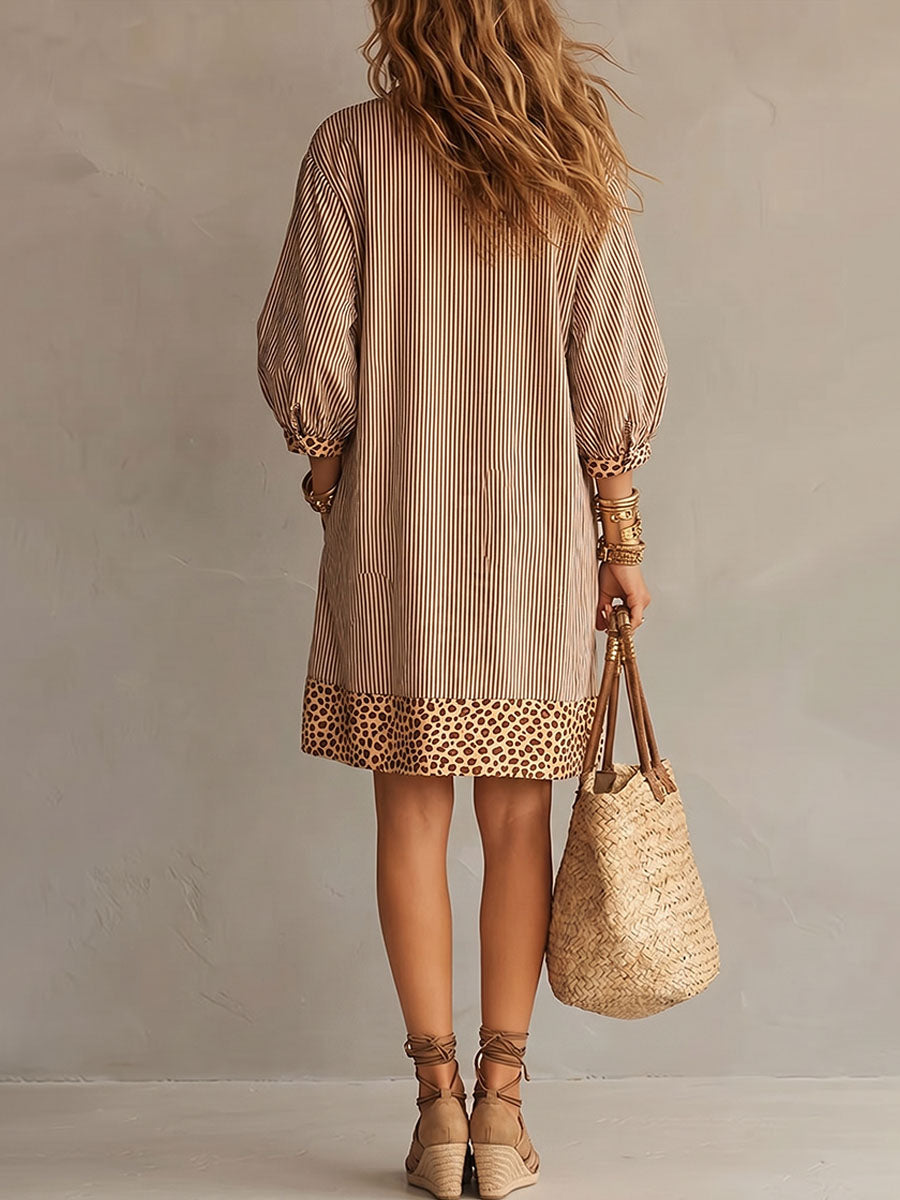 Women's Retro Striped & Leopard Print Casual Cotton Dress