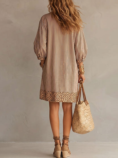 Women's Retro Striped & Leopard Print Casual Cotton Dress
