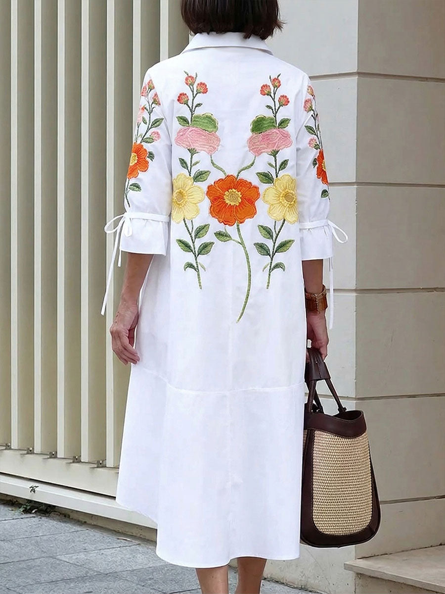 Women's Casual Loose Cotton-linen Dress With Shirt Collar 3/4 Sleeves And Placement Print