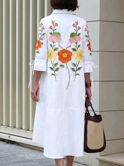 Women's Casual Loose Cotton-linen Dress With Shirt Collar 3/4 Sleeves And Placement Print