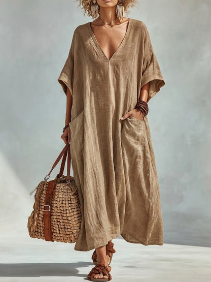 Crinkled Cotton-linen V-neck Kaftan Dress