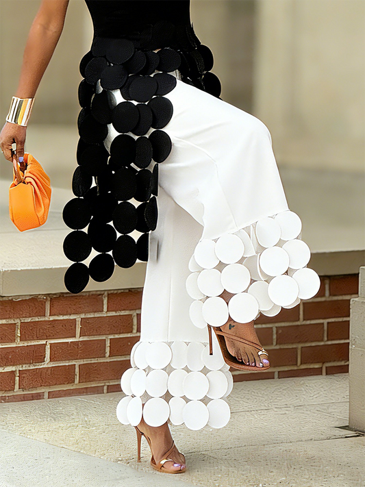 Stylish High Waisted Wide Leg Pants Circle Applique Party Trousers