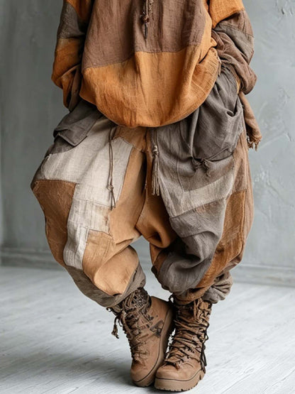 Women's Ethnic Stylish Casual Hooded Patchwork Cotton And Linen Top And Pants Two-piece Set