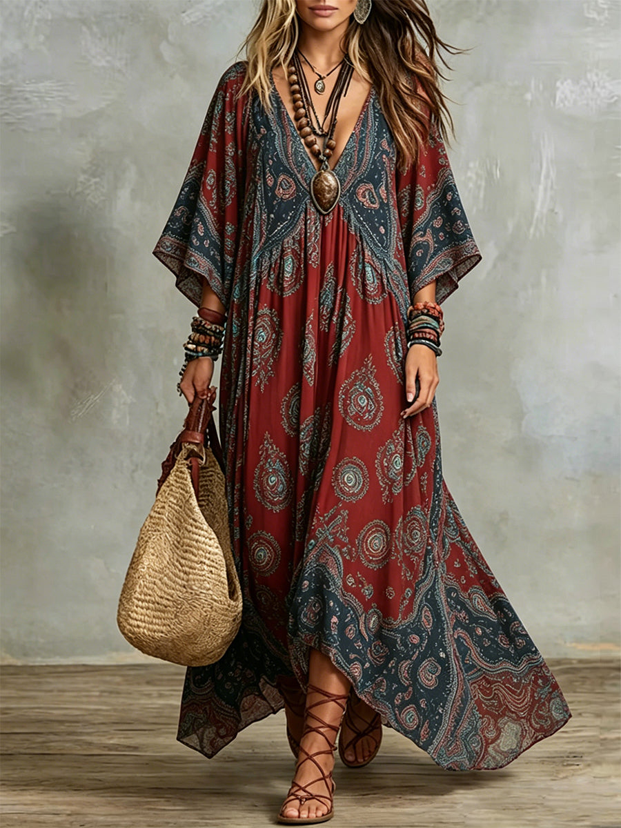 Retro Paisley Print Batwing Sleeve V-neck Kaftan Maxi Dress