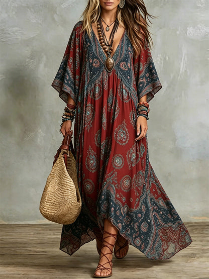 Retro Paisley Print Batwing Sleeve V-neck Kaftan Maxi Dress