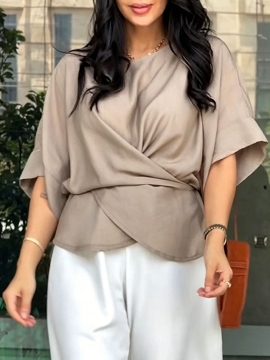 Women's Solid-color Round-neck 3/4-sleeve Casual Loose Cotton-linen Top