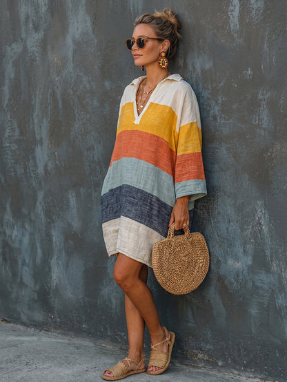 Cozy Colorful Striped Polo Collar Cotton-linen Mini Dress