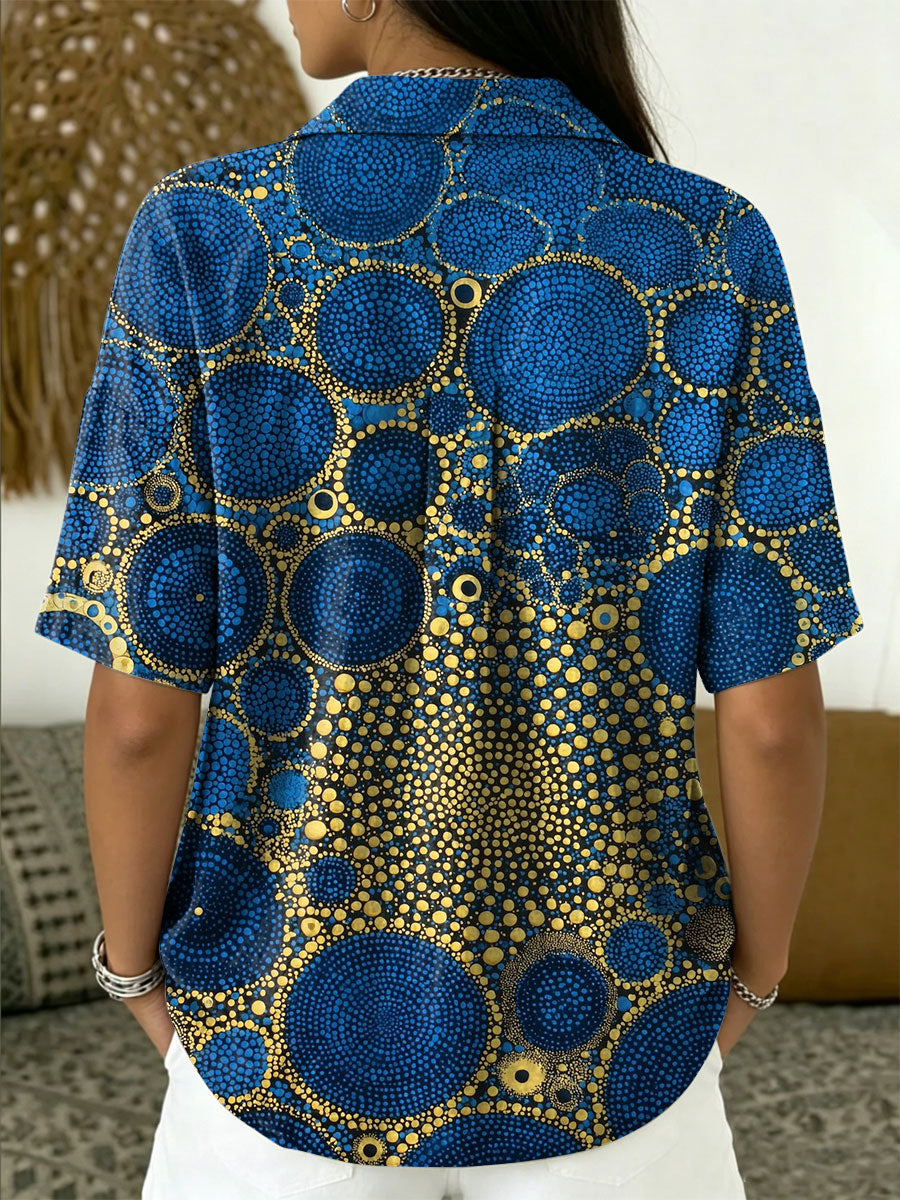 Women's Vintage Botanical Floral Casual Polo Collar Short-sleeved Linen And Cotton Shirt
