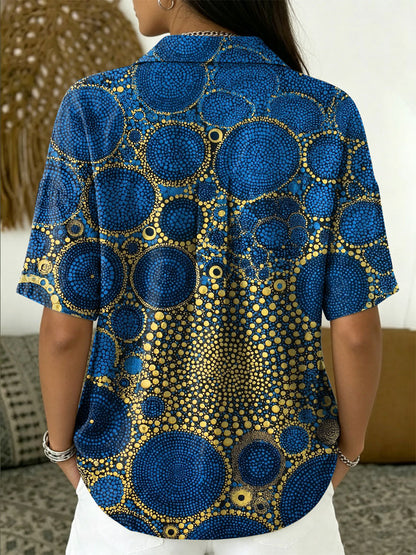 Women's Vintage Botanical Floral Casual Polo Collar Short-sleeved Linen And Cotton Shirt