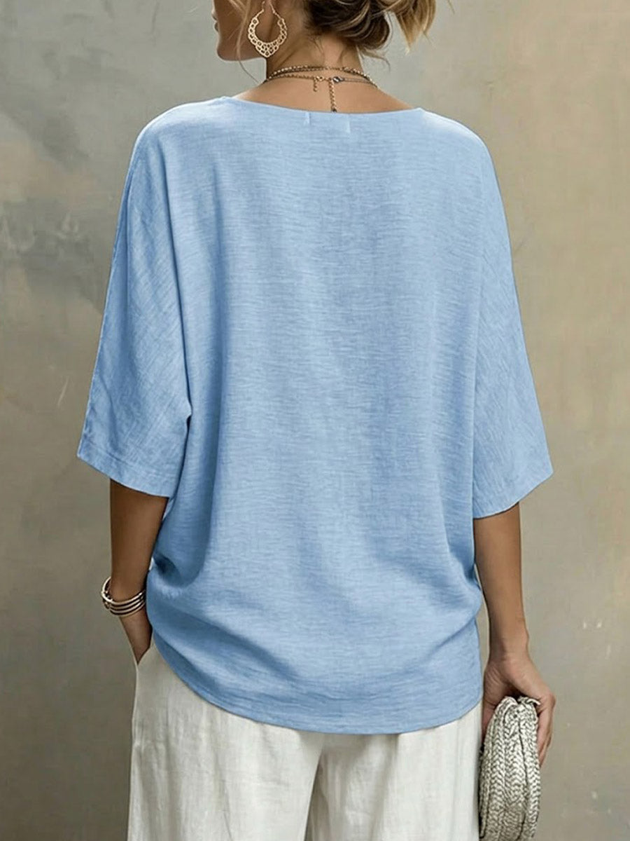 Women's Solid-color V-neck 3/4-sleeve Casual Loose Cotton-linen Top