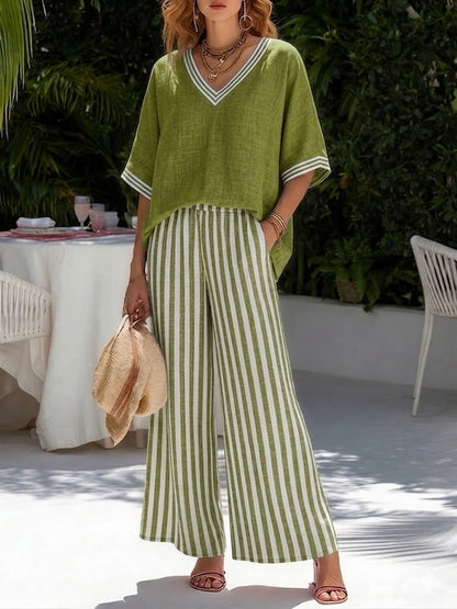 Casual Two-piece Set: Striped Linen & Cotton Patchwork Top And Striped Trousers— Look Put Together in 5 Seconds