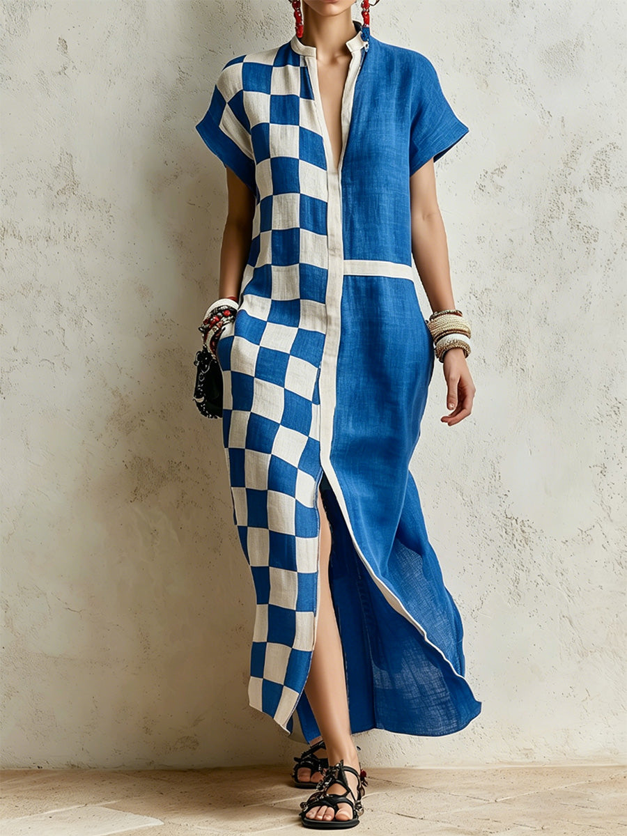 Color-block Checkerboard Patchwork Short-sleeve Shirt Dress With Stand Collar And Button-front